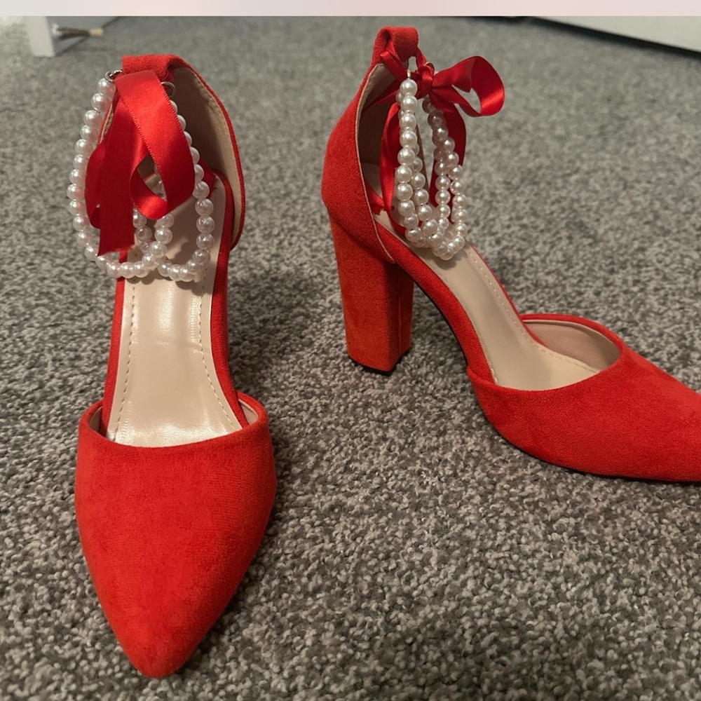 Elegant Red Heels with Pearl Accents